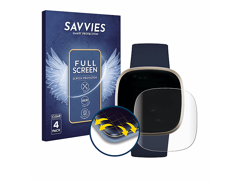 SAVVIES 4x Flex Full-Cover 3D Curved Schutzfolie(für Fitbit Versa 3)