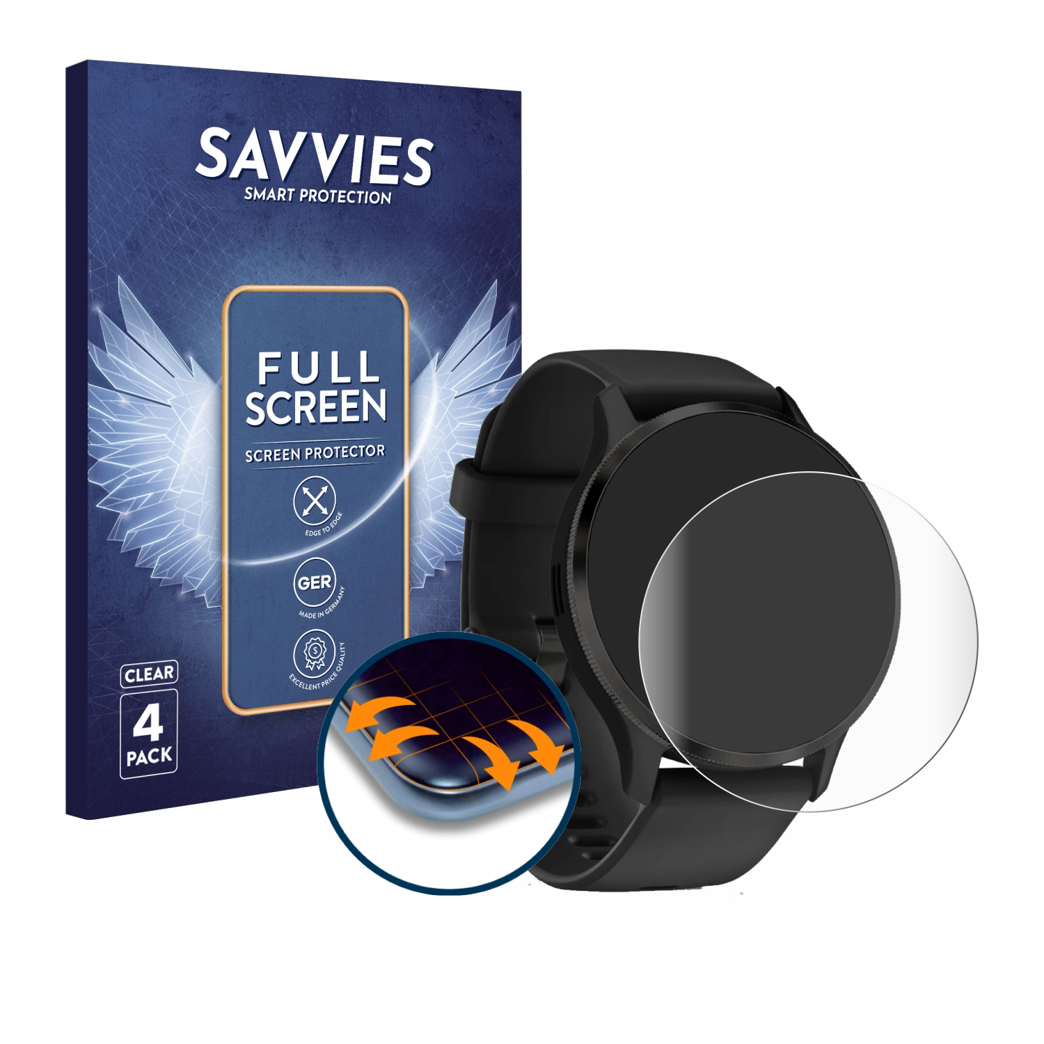 Blaue Box und Displayschutz auf der Uhr. Box mit Flügeln und Text: 'Full Screen Screen Protector'.