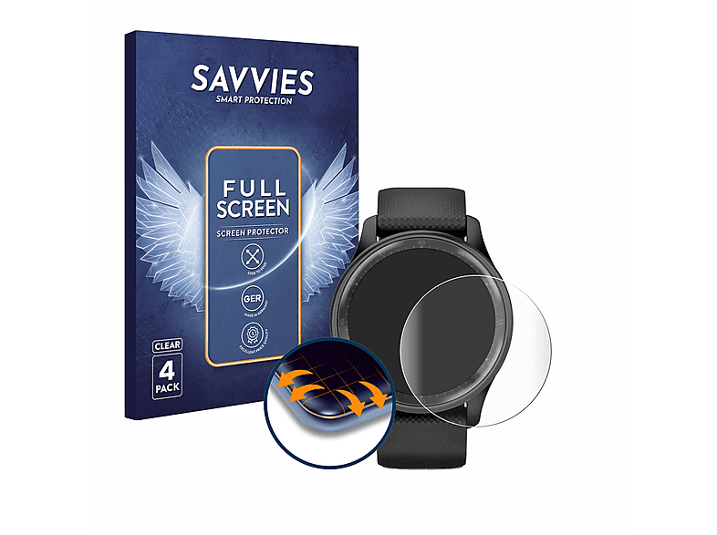 SAVVIES 4x Flex Full-Cover 3D Curved Schutzfolie(für Garmin Vivomove Trend) | Smartwatch Schutzfolien & Gläser