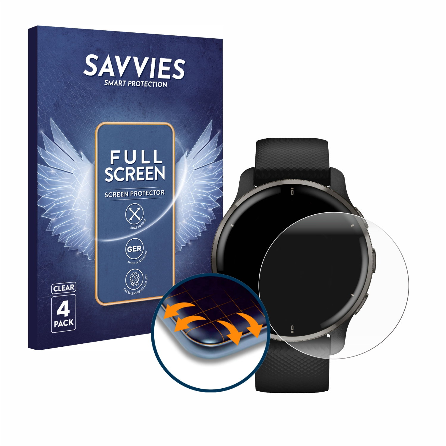 Schwarze Smartwatch mit Displayschutz und einer Box. Die Uhr hat ein schwarzes Armband.