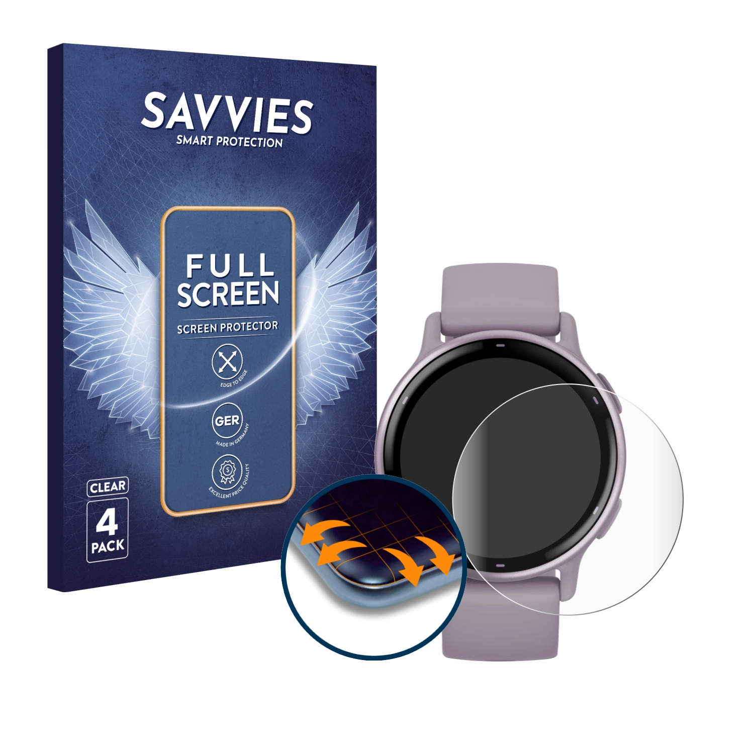 Uhren-Displayschutzfolie mit Verpackung, Uhr und Schutz. Verpackung mit Text und Logo. Uhr ist lila.