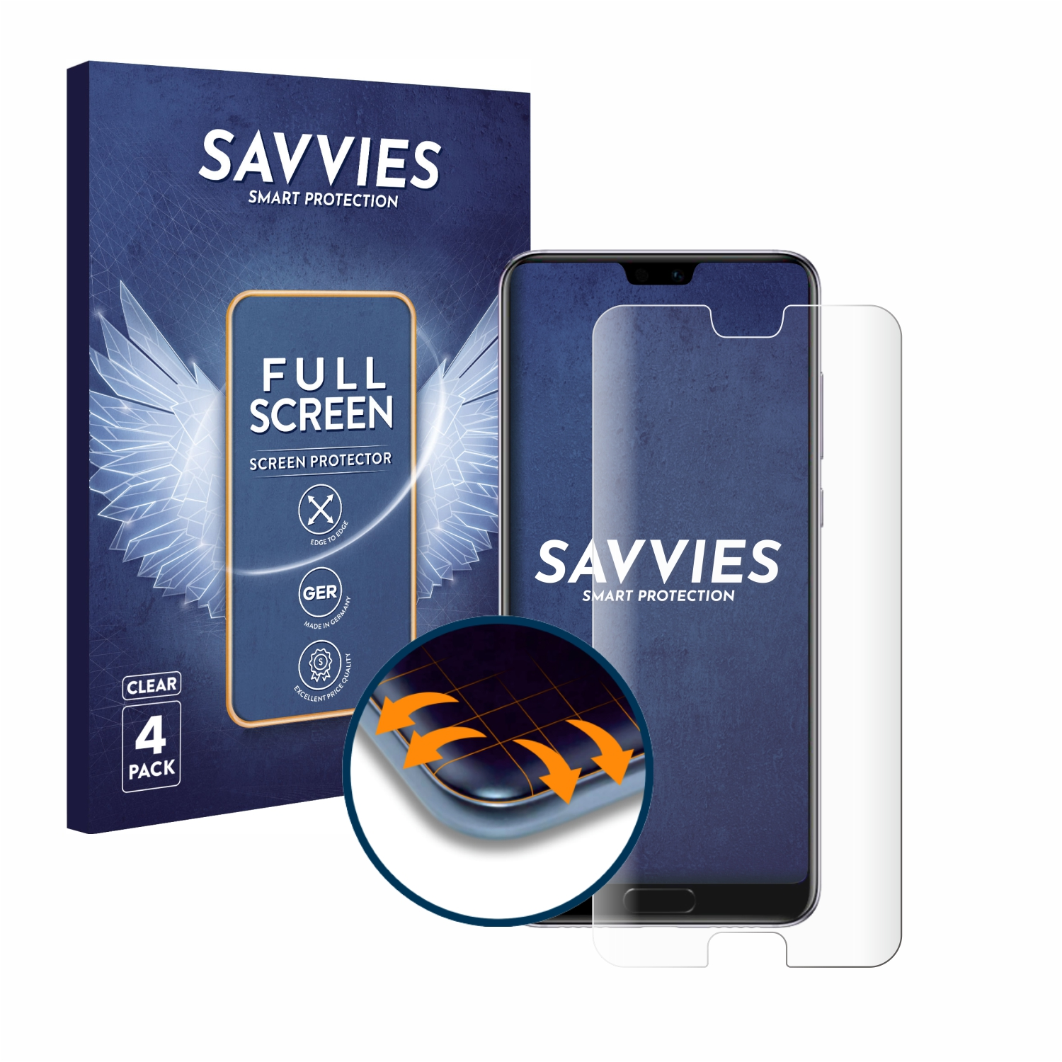 Telefon mit Displayschutz und Verpackung auf weißem Hintergrund.