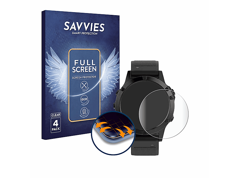 SAVVIES 4x Schutzfolie(für Garmin 5 (47 3D Flex Fenix Curved Full-Cover mm))