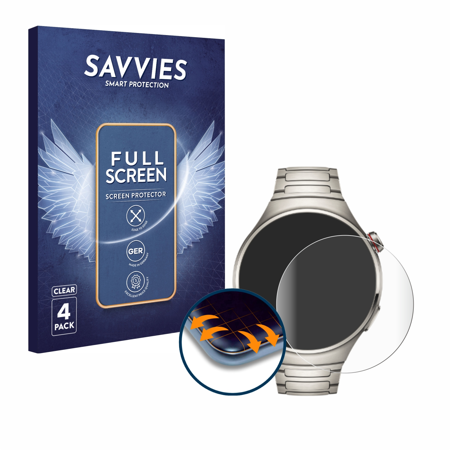 4x 4 Schutzfolie(für SAVVIES Pro) Curved Watch Full-Cover Flex 3D Huawei