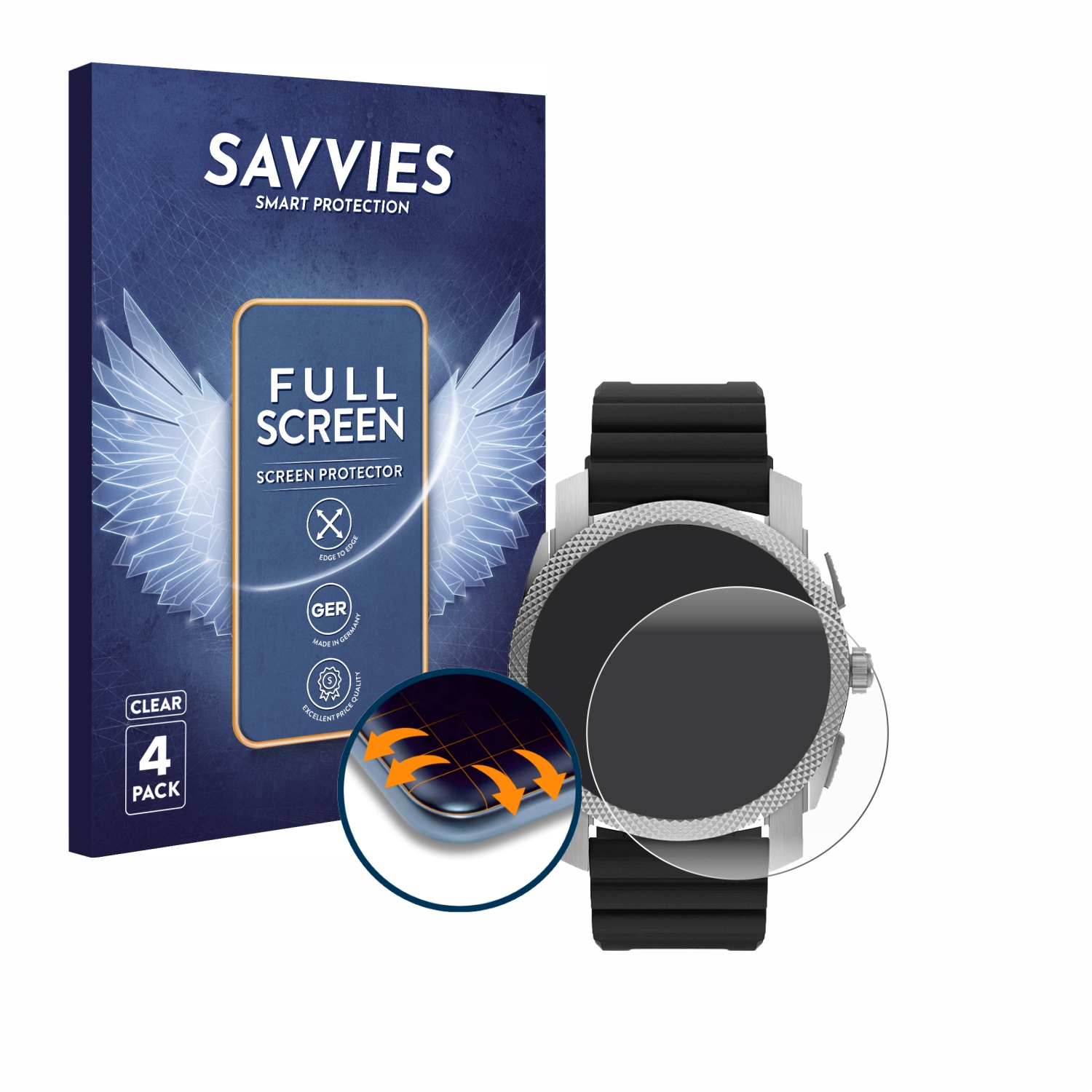 Blau-weiße Box, Uhrengrafik, Displayschutzfolie und Uhr.