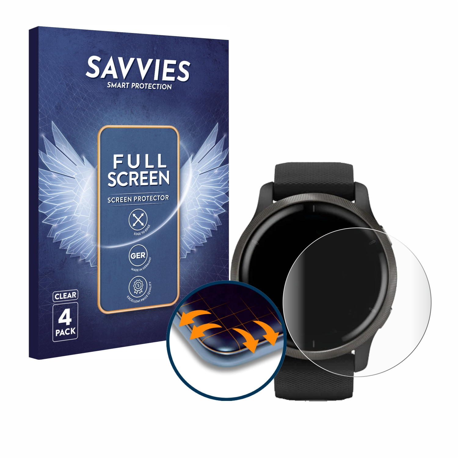 Eine Displayschutzfolienverpackung mit einer Smartwatch und einem Protektor. Auf der Uhr ist eine klare Folie.