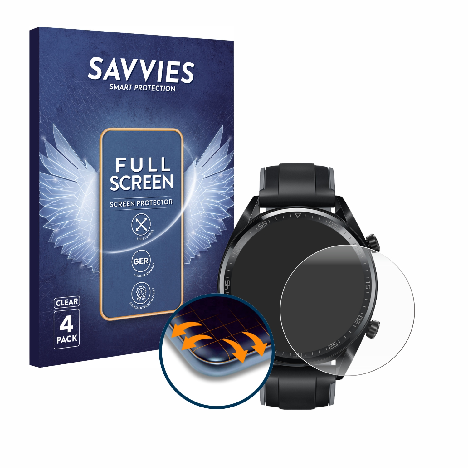 SAVVIES 4x Flex Full-Cover Schutzfolie(für GT Curved 3D 2018) Huawei Watch (46 mm)