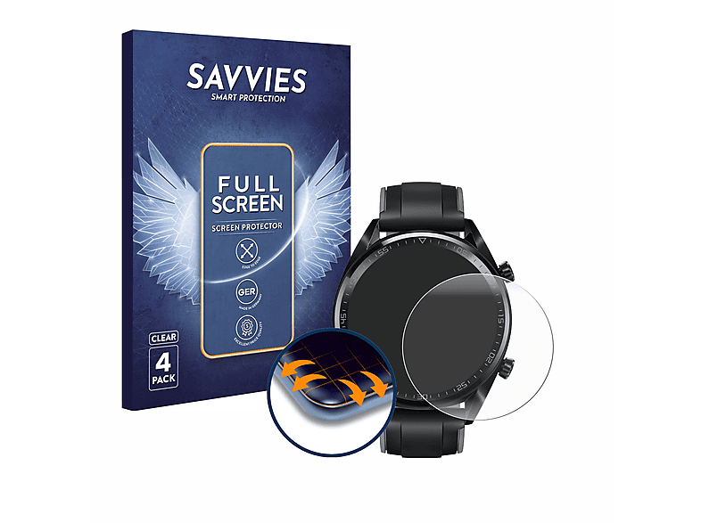 SAVVIES 4x Curved Watch Flex Schutzfolie(für 3D Huawei GT mm) (46 2018) Full-Cover