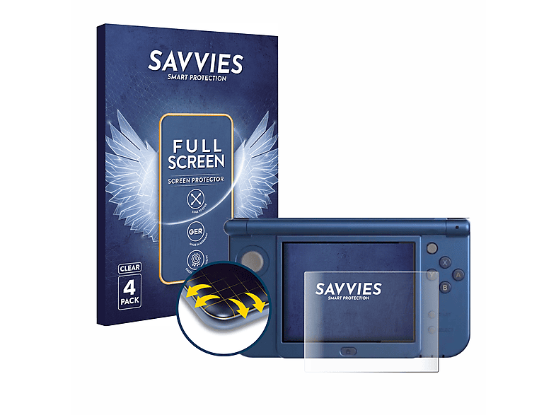 SAVVIES 4x Flex Full-Cover 3D Curved Schutzfolie(für Nintendo New 3DS XL (Unteres Display))