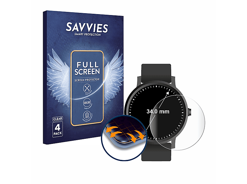 SAVVIES 4x Flex Full-Cover 3D Curved Schutzfolie(für Universal Kreisrunde Displays (ø: 34 mm))
