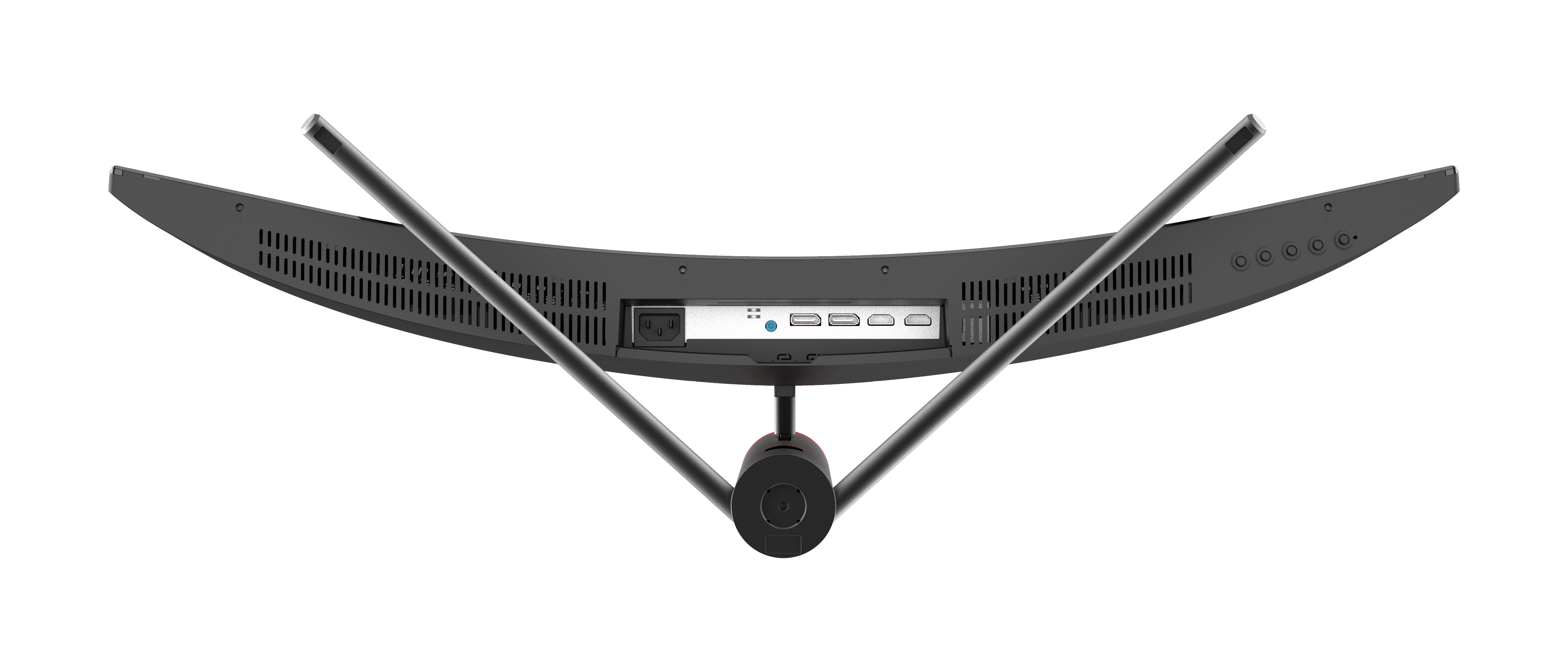 Zakrzywiony czarny monitor, widok z góry, z portami i wejściami z tyłu, białe tło.