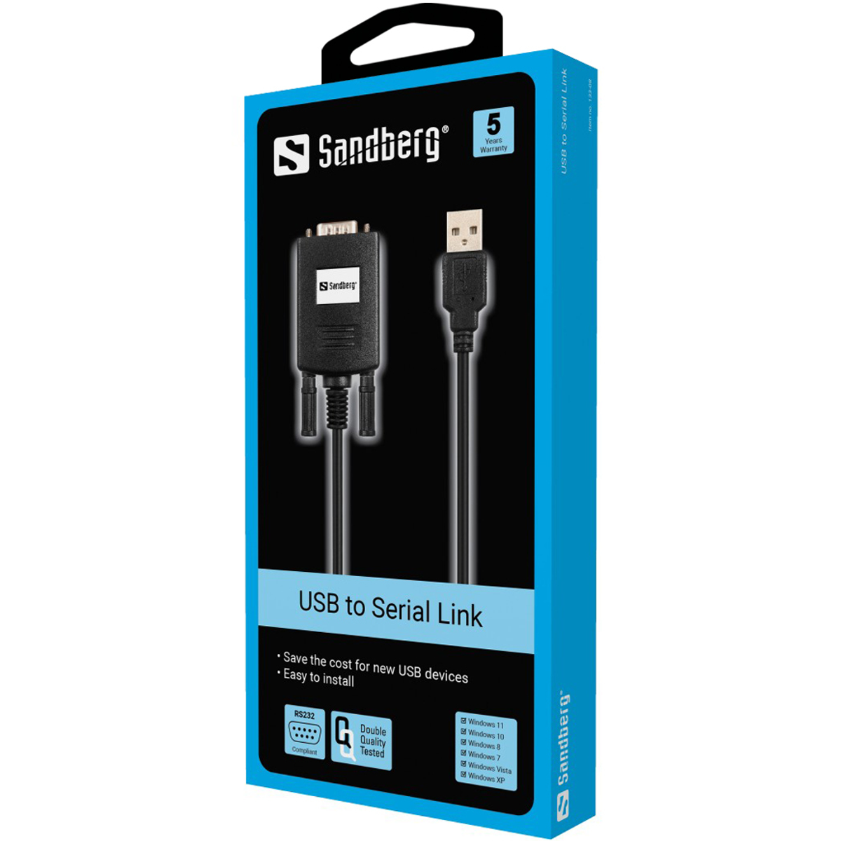 Ein Sandberg USB-zu-Seriell-Link-Kabel in einer blauen Box, mit Produktdetails.