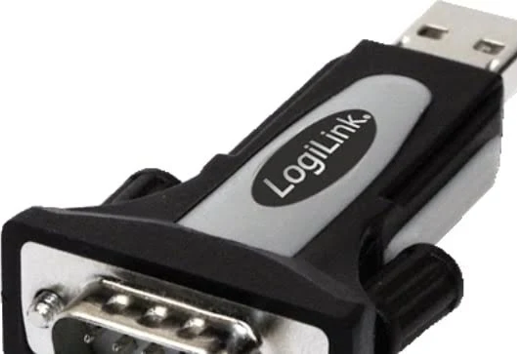 Ein schwarz-grauer LogiLink USB-zu-Seriell-Adapter mit einem Anschluss an einem Ende.