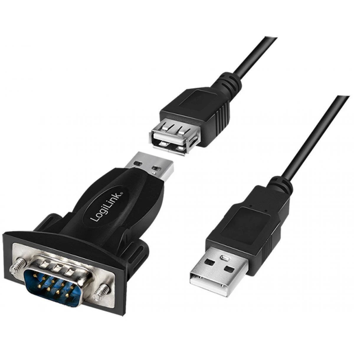 USB-zu-Seriell-Adapterkabel. Eines hat einen USB-A, eines hat einen DB9 und eines hat einen USB-C.