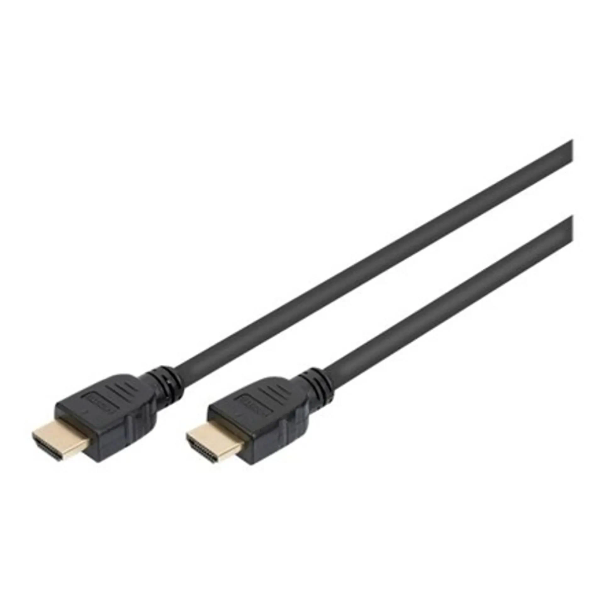 Cavo HDMI nero con connettori su entrambe le estremità, in diagonale su sfondo bianco.