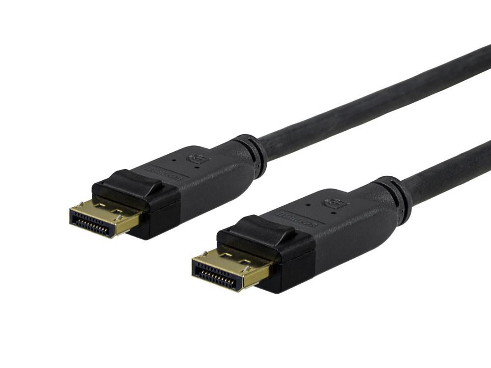 Câble DisplayPort noir avec connecteurs aux deux extrémités. Broches dorées visibles dans les connecteurs.