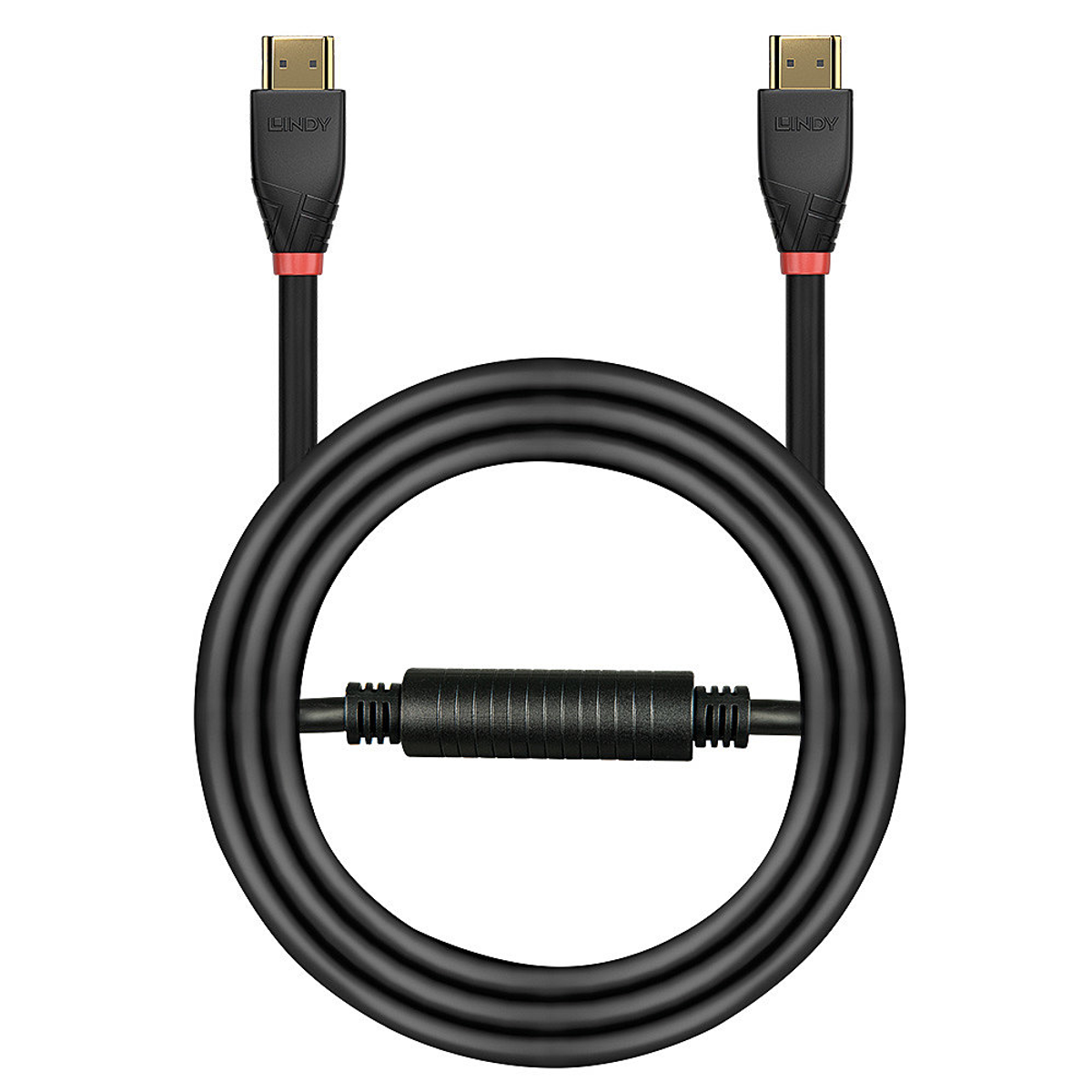 Un cavo HDMI nero arrotolato con dettagli rossi e connettori su entrambe le estremità.
