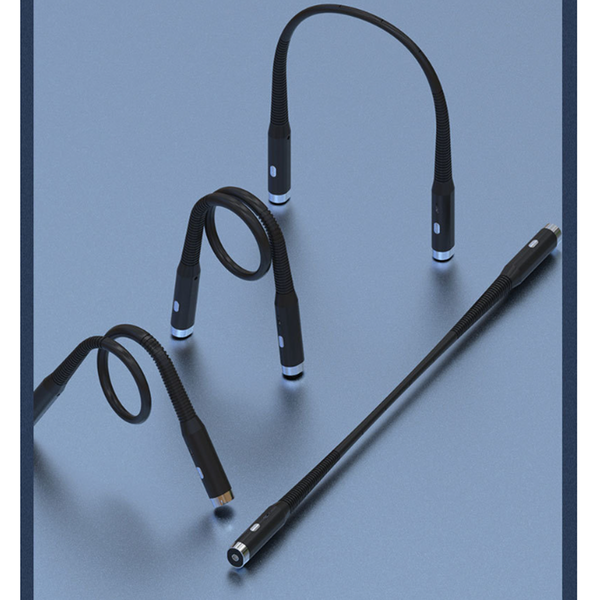 Vier flexible schwarze LED-Leuchten in verschiedenen gebogenen Positionen vor blauem Hintergrund.