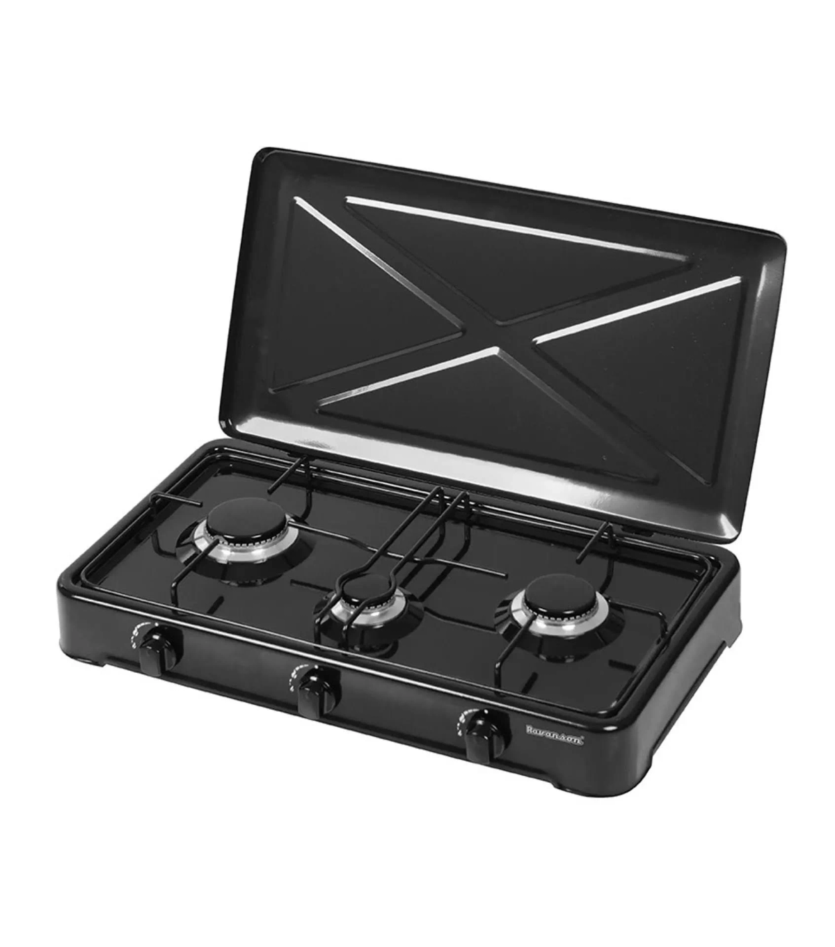Czarna przenośna kuchenka kempingowa z trzema palnikami i otwartą pokrywą.