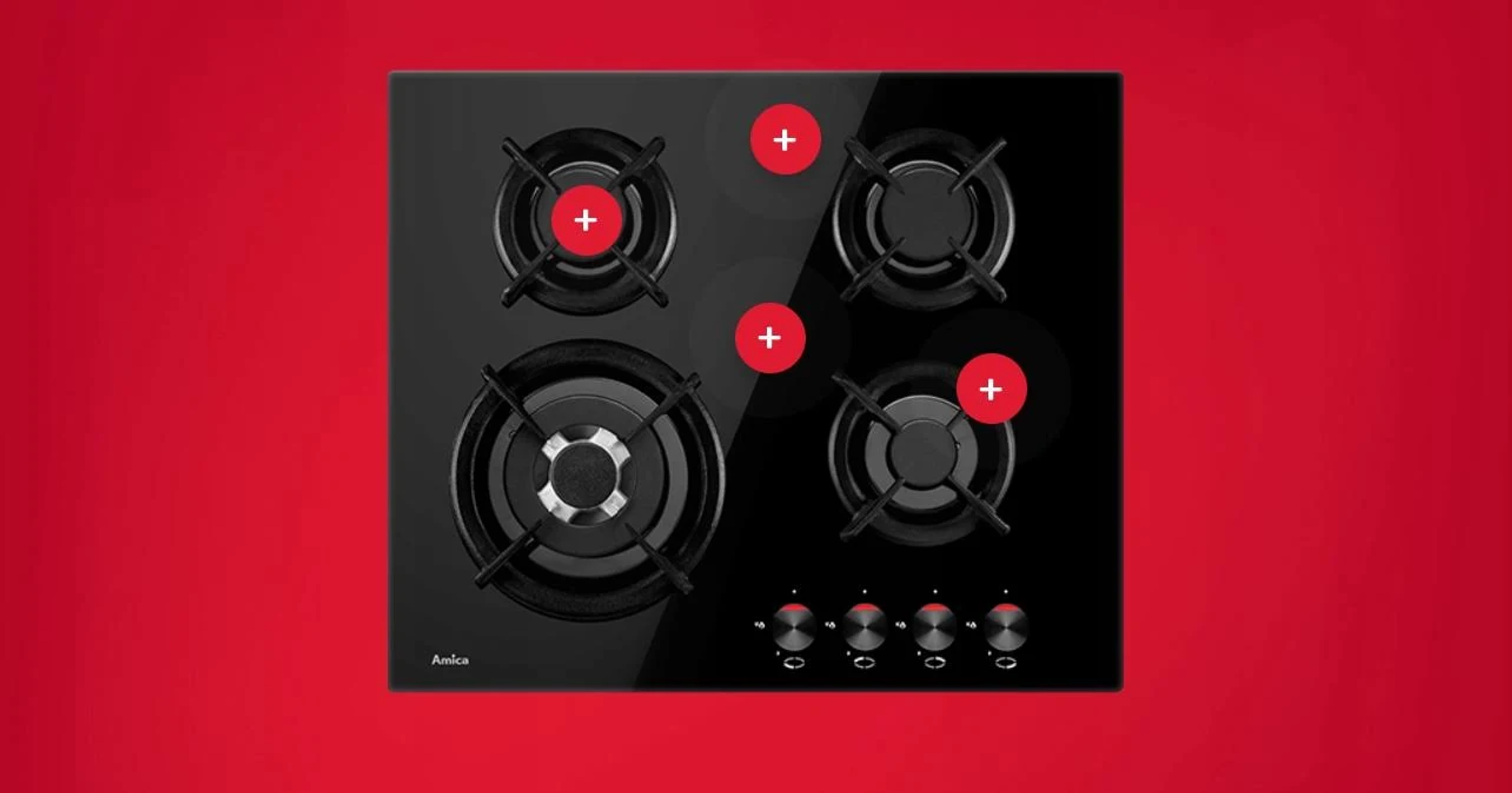 Czarny palnik gazowy z czterema palnikami i czerwonym tłem z ikonami plus.