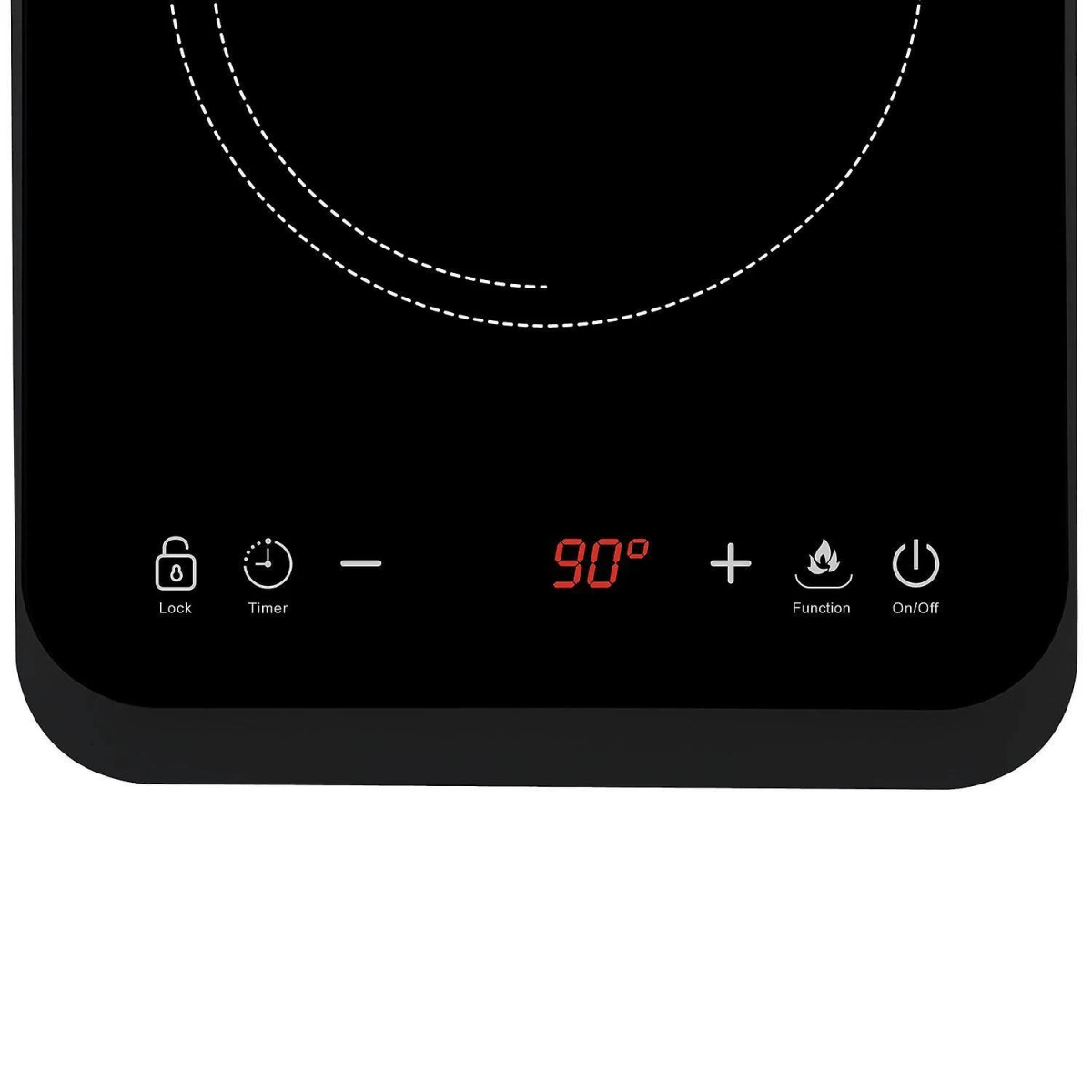Czarna płyta indukcyjna z cyfrowym wyświetlaczem pokazującym 90 stopni i przyciskami sterowania.
