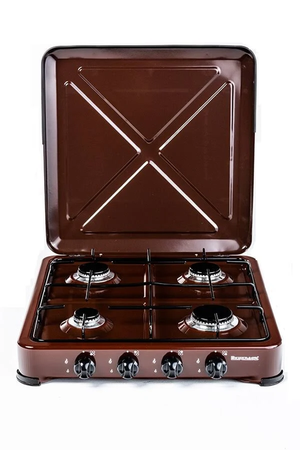 Brązowa kuchenka z czterema palnikami. Ma brązową pokrywę otwartą na górze.