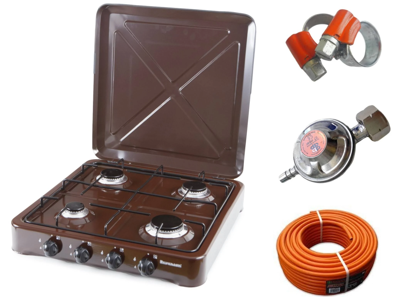 Przenośna kuchenka gazowa z brązowym blatem, regulatorem gazu, wężem i zaciskami.