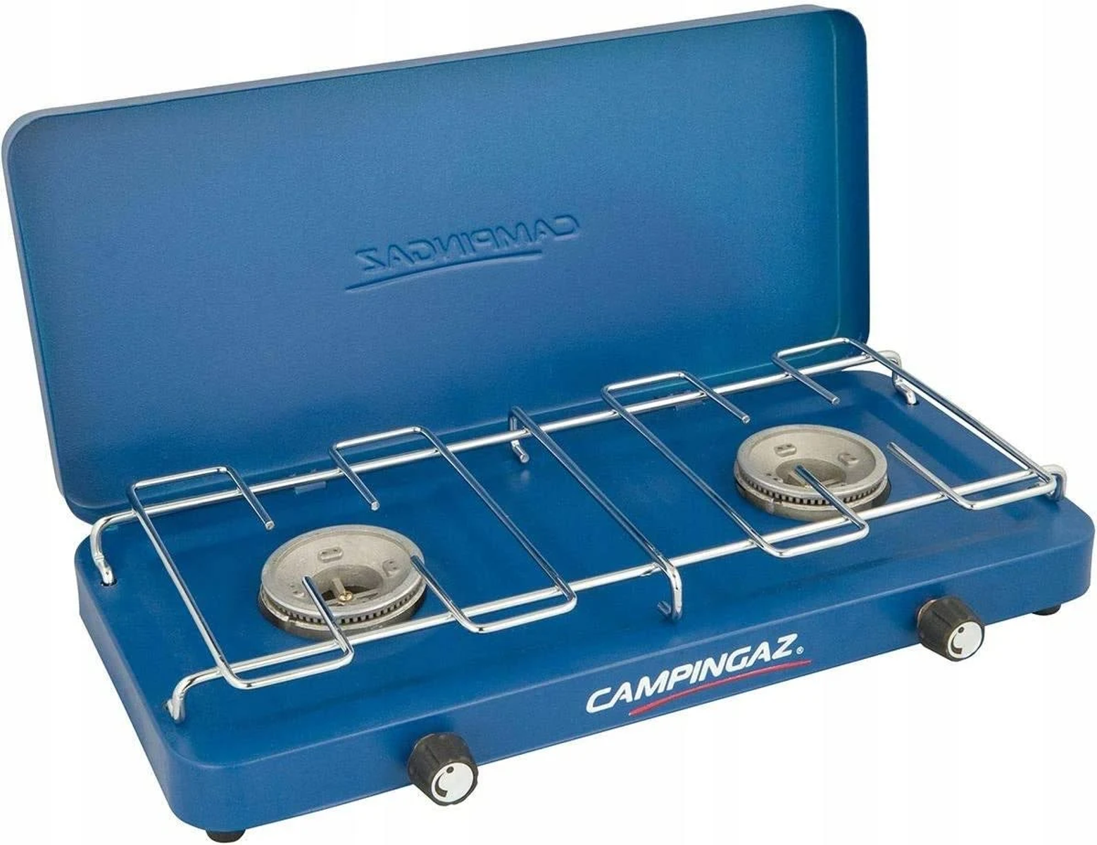Fornello da campeggio portatile blu con due fuochi e un coperchio. Ha una griglia argentata.