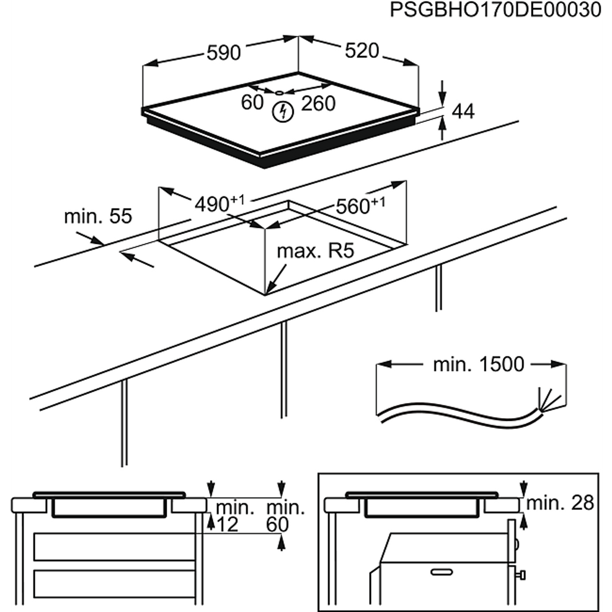 Diagramm eines Kochfelds mit Abmessungen und Installationsdetails.
