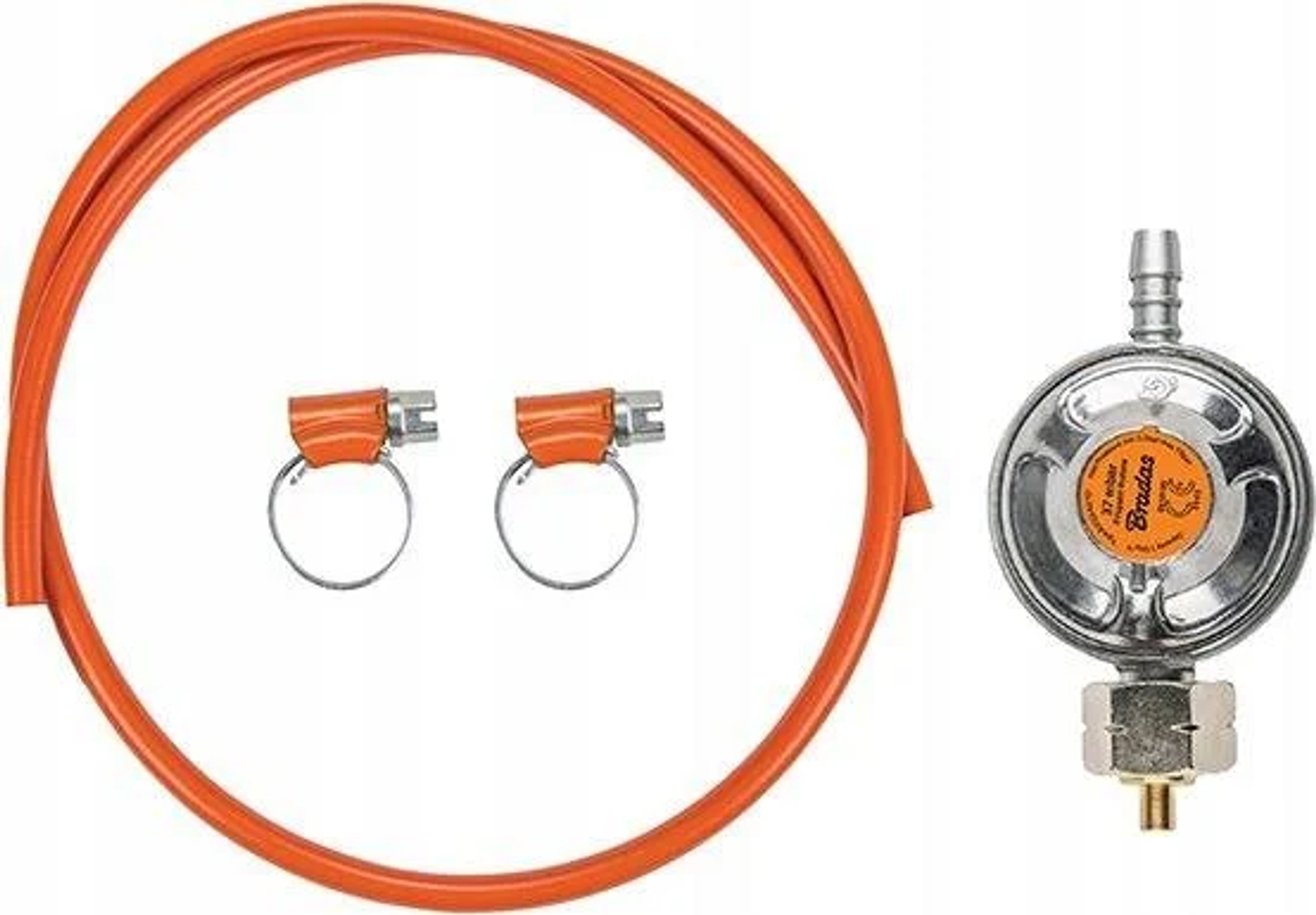 Pomarańczowy wąż gazowy z dwoma zaciskami i reduktorem gazu.