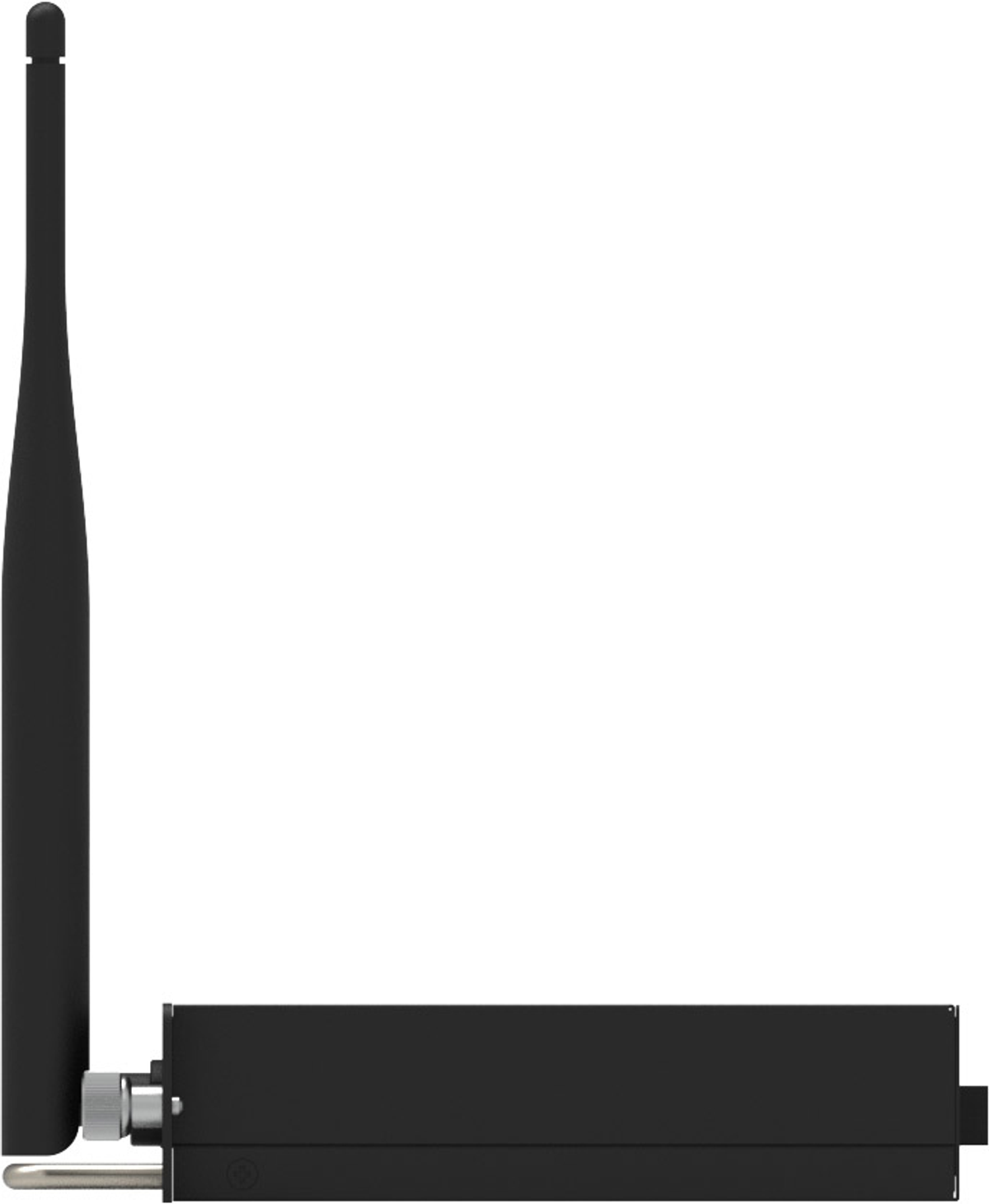 Dispositivo nero con antenna e connettore. Sfondo bianco.