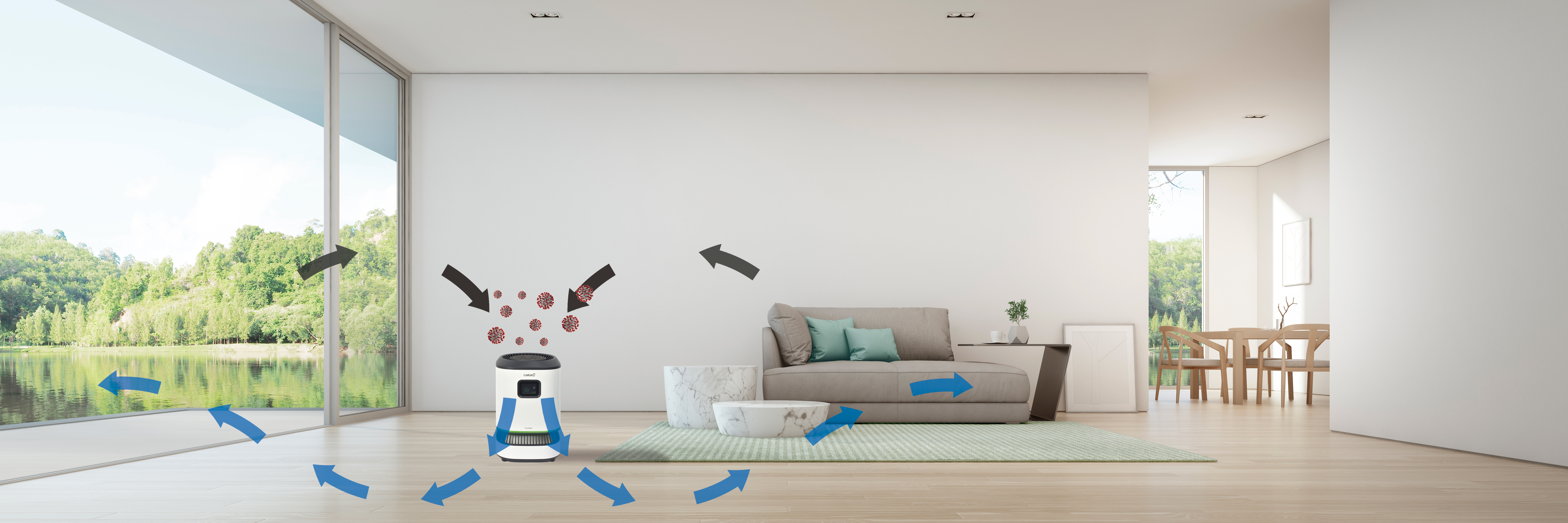 Purificador de aire en sala moderna, flechas muestran el flujo. Sofá, alfombra y vista al lago atrás.