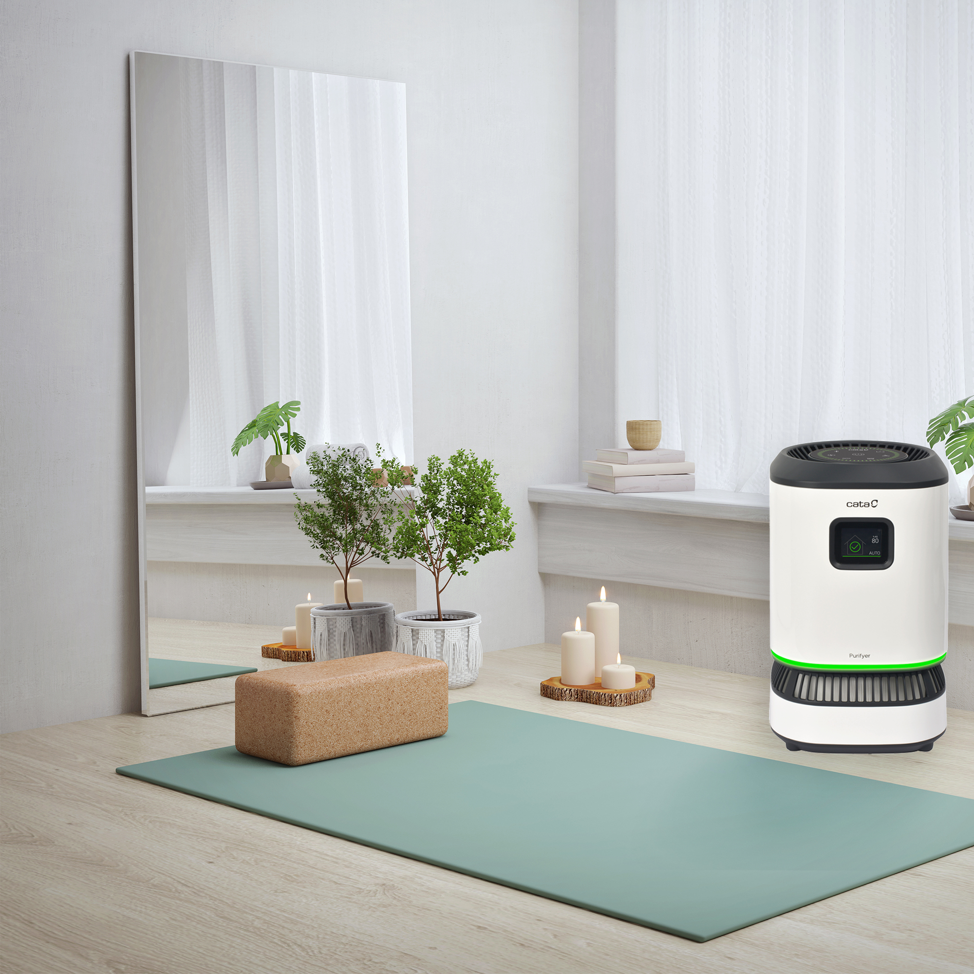 Estudio de yoga con esterilla, purificador de aire, velas, espejo, plantas y bloque de madera.