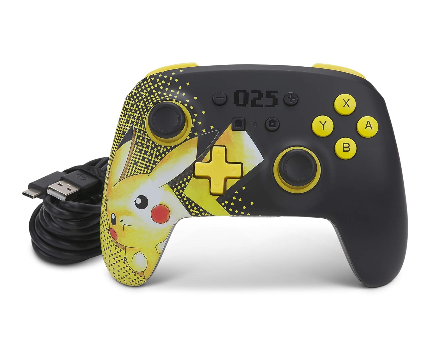 Pikachu-Gamecontroller, schwarz mit gelben Akzenten und USB-Kabel.