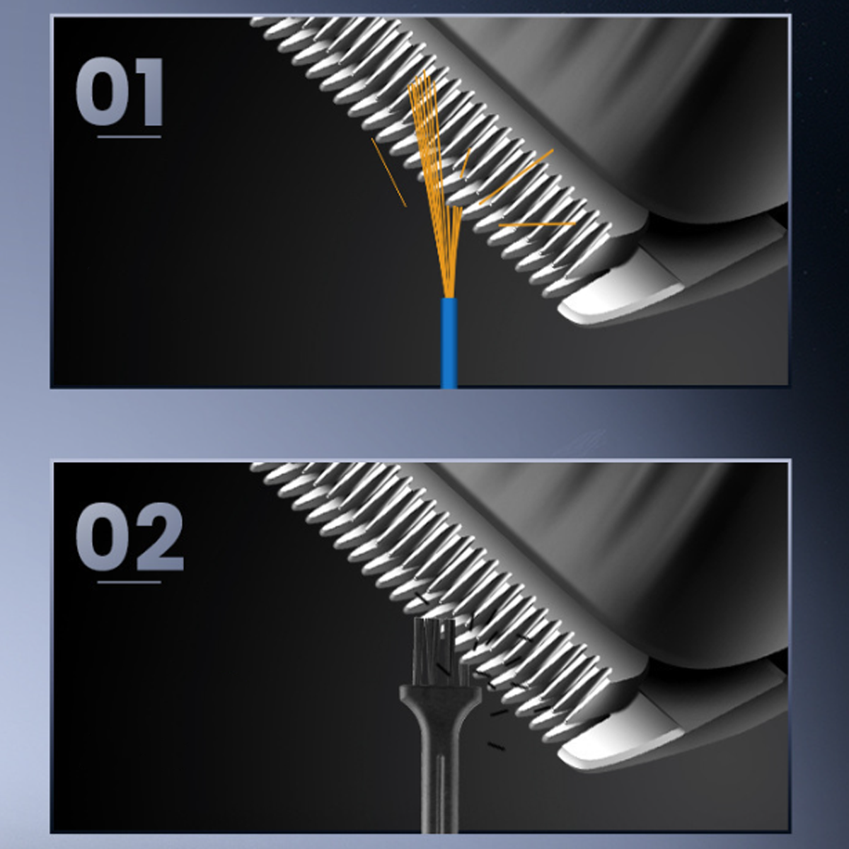 Diagramme, die das Innere eines Clippers und die Interaktion von Klingen und Haaren zeigen.