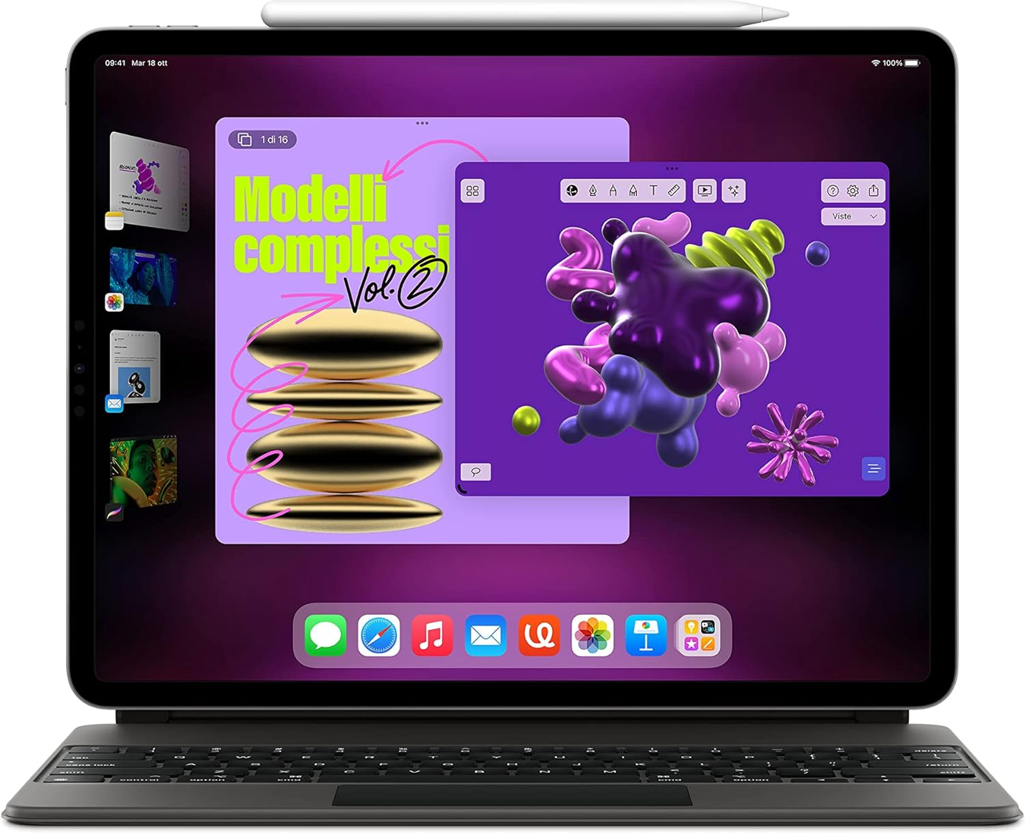 Pantalla de tableta que muestra una interfaz morada y formas abstractas coloridas.
