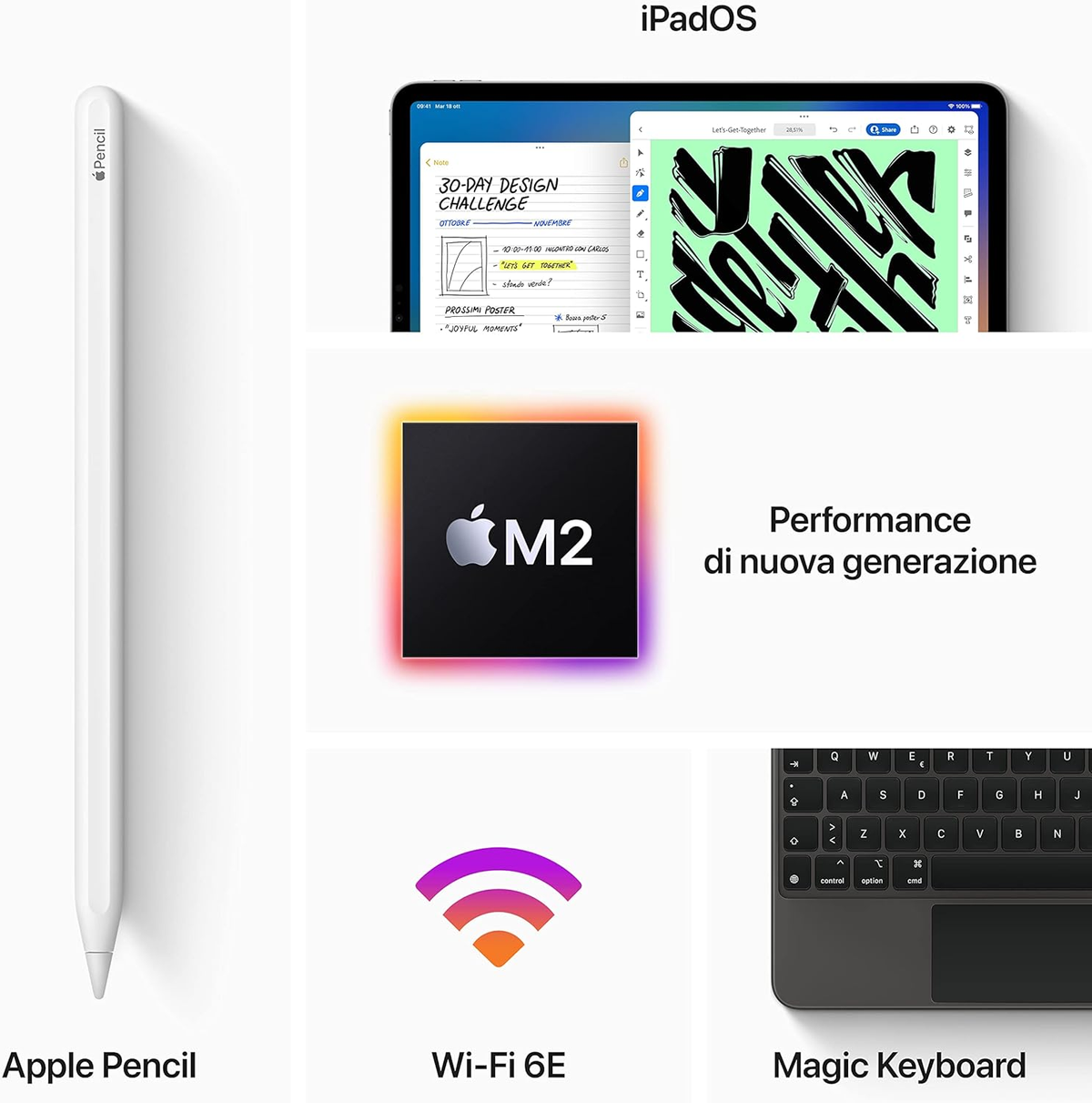 Una exhibición de productos Apple que incluye Apple Pencil, iPad y Magic Keyboard.
