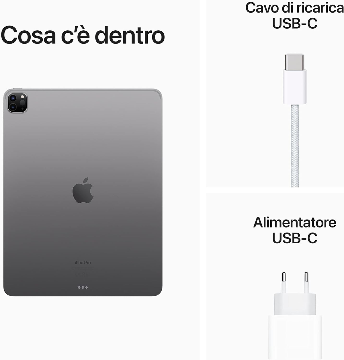 Un iPad Pro con accesorios, cable y cargador.