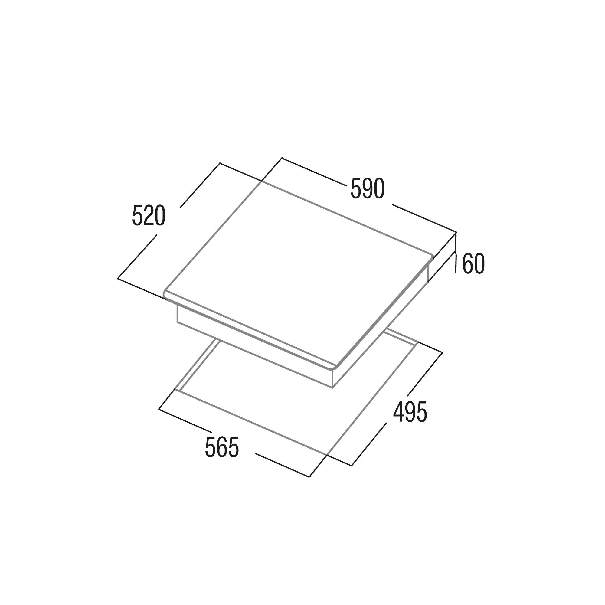 Dibujo isométrico de un electrodoméstico rectangular con dimensiones etiquetadas en milímetros.