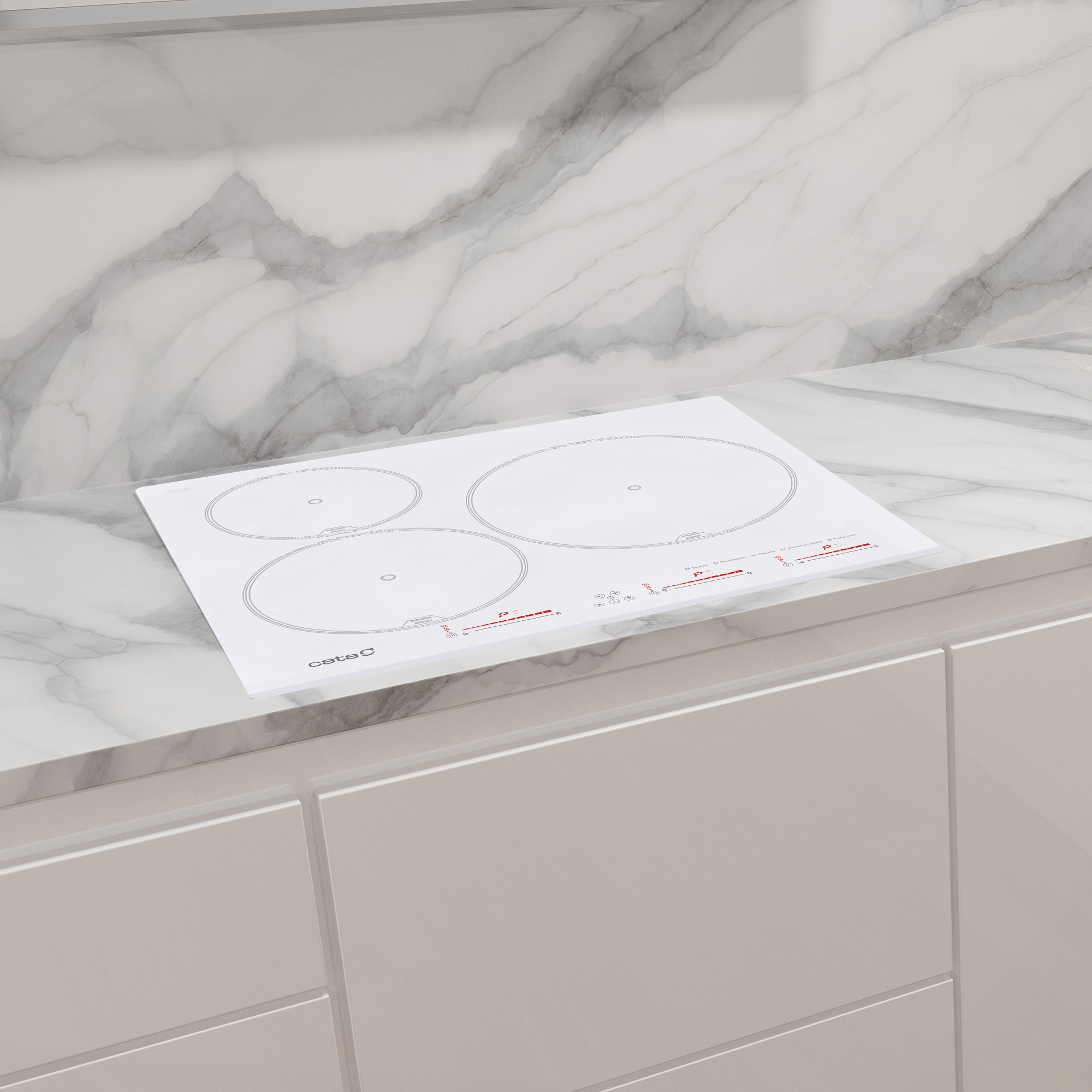 Una placa de inducción blanca con tres zonas de cocción circulares, sobre una encimera blanca.