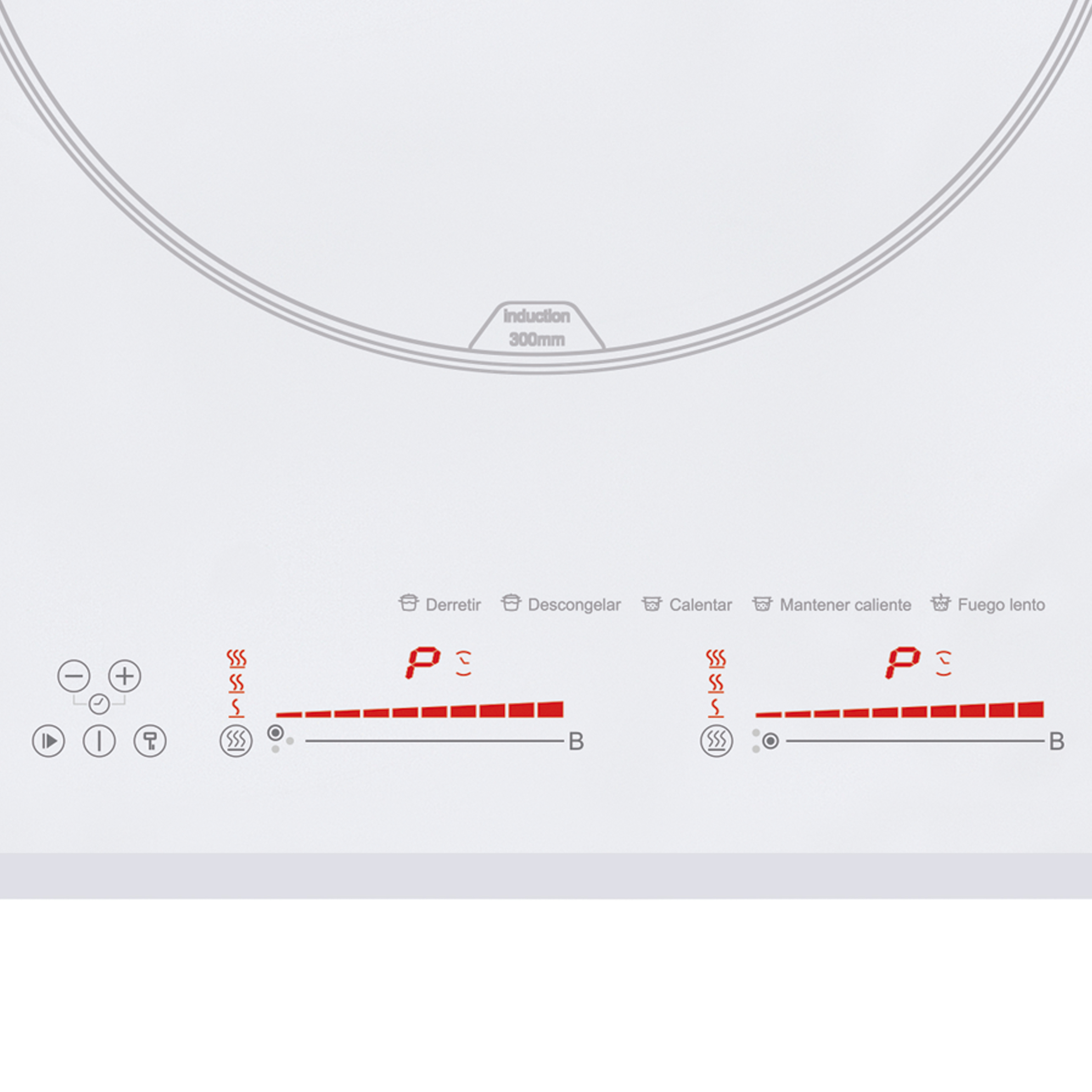 Una placa de inducción blanca con controles táctiles y pantalla roja, mostrando los niveles de potencia.