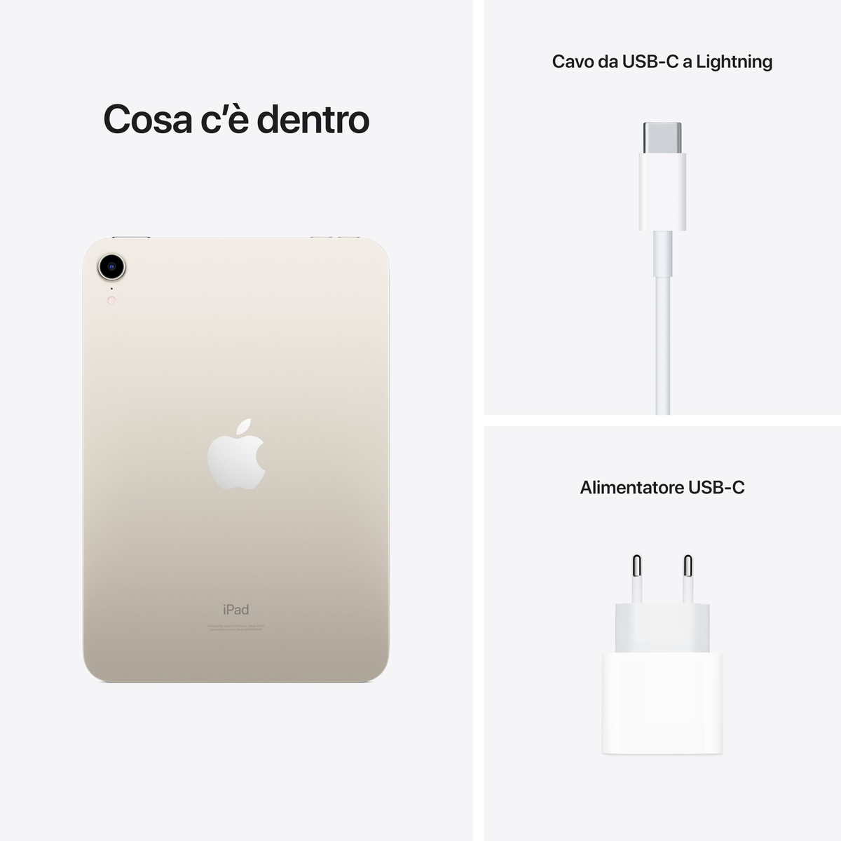 iPad, caricabatterie e cavo USB-C. L'iPad è color oro.