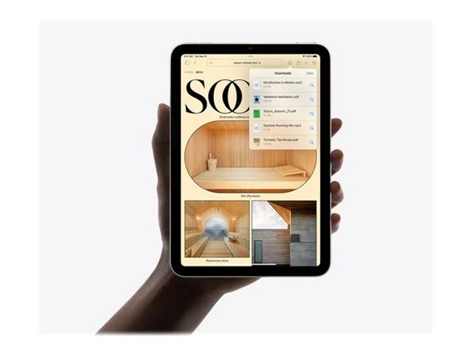 Hand hält Tablet mit Webseite, die Sauna-Szene und Downloads zeigt.