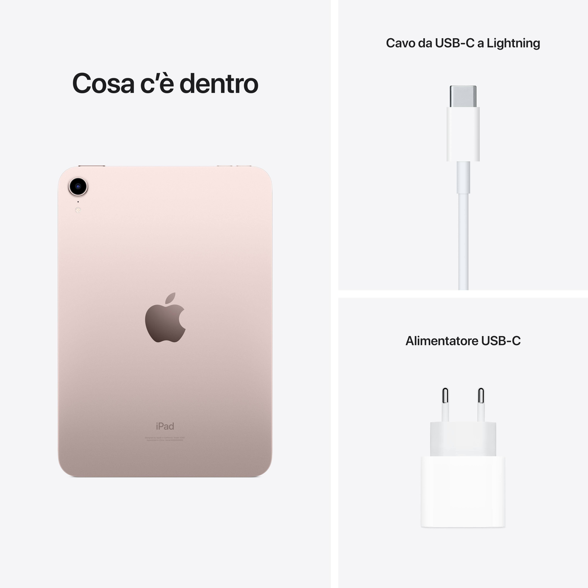 Ein iPad, ein USB-C-auf-Lightning-Kabel und ein USB-C-Netzteil werden angezeigt.