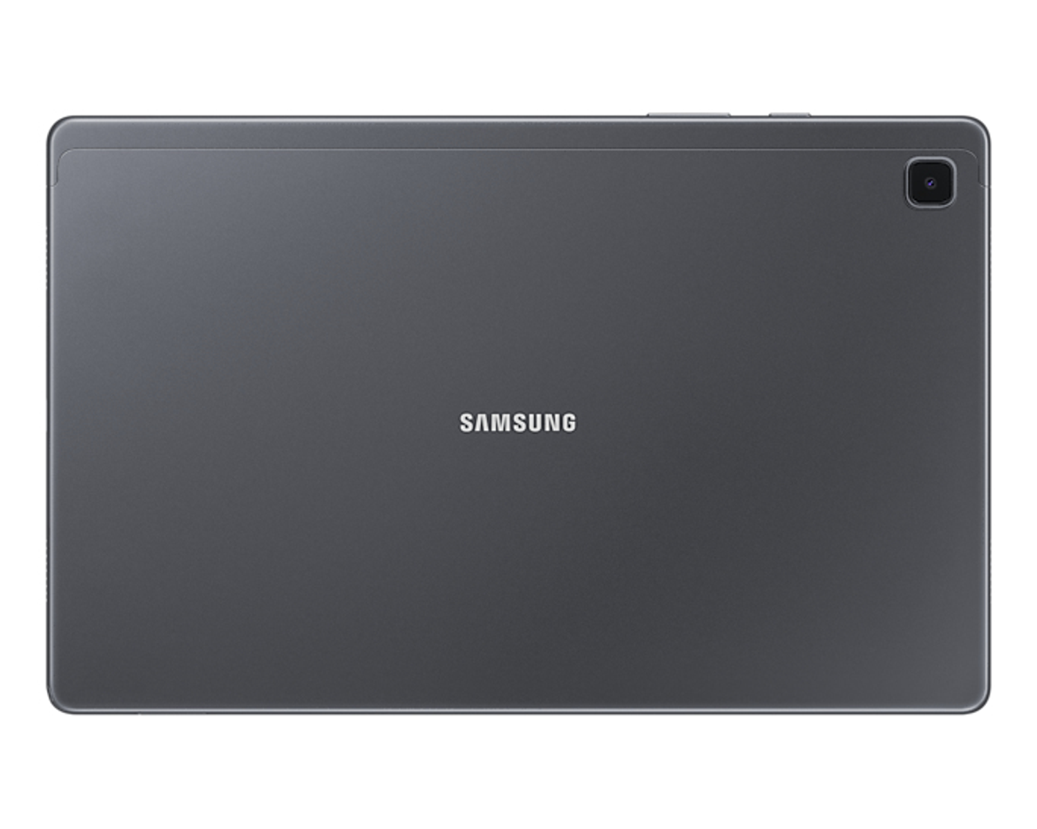 Parte trasera de una tableta Samsung gris con el logotipo de Samsung en el centro y cámara a la derecha.