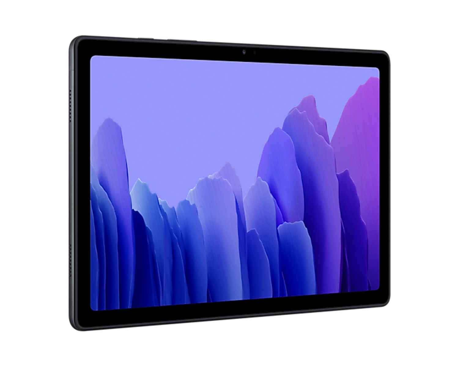 Una tableta negra que muestra una imagen abstracta azul y morada similar a montañas en la pantalla, fondo blanco.