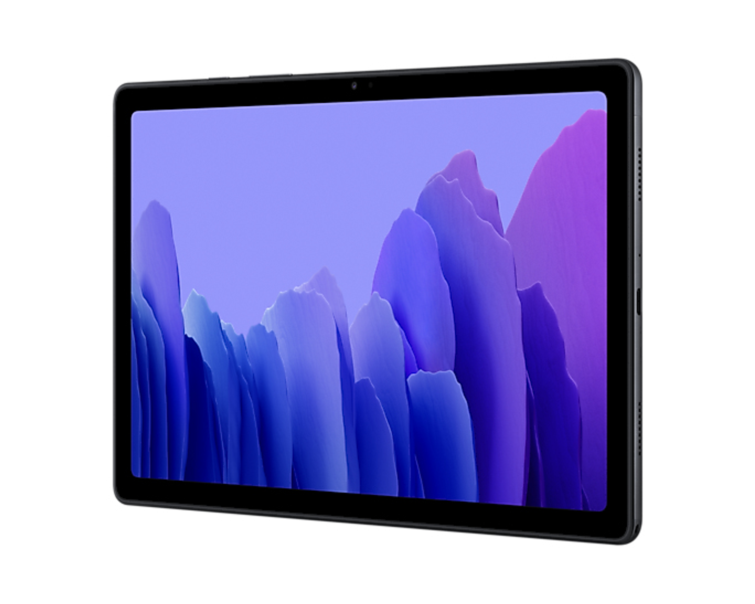 Tableta negra con fondo abstracto azul-morado en la pantalla.