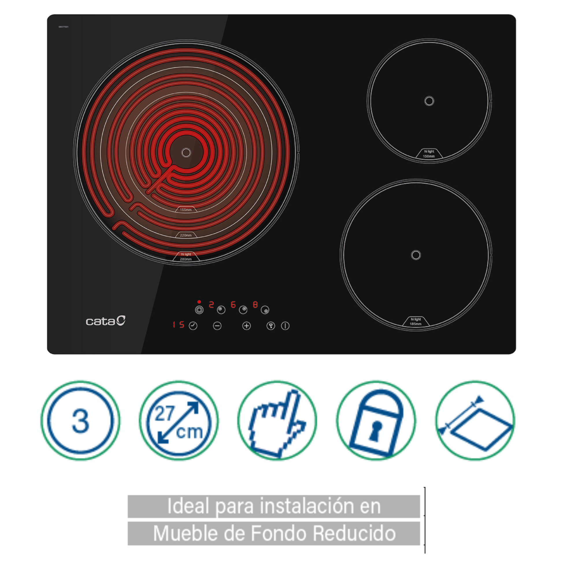 Czarna płyta elektryczna z czerwonymi elementami grzewczymi, przyciskami i ikonami.