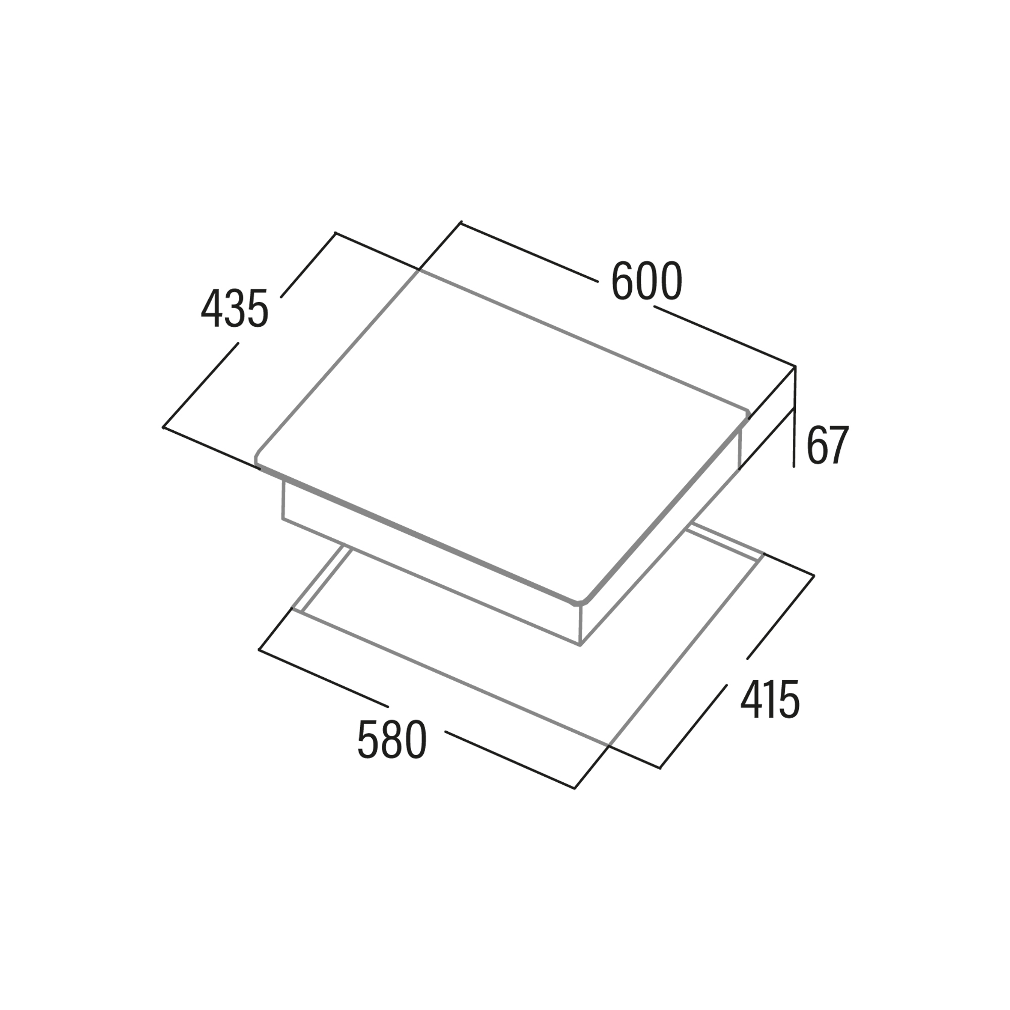 Diagram izometryczny prostokątnej podstawy z wymiarami. Pokazuje wymiary w milimetrach.