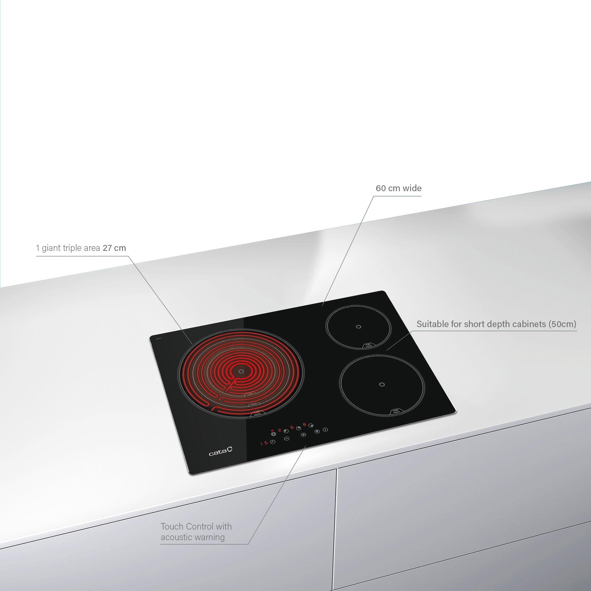 Czarna płyta grzejna z trzema palnikami. Jeden to potrójna strefa, płyta ma 60 cm szerokości.